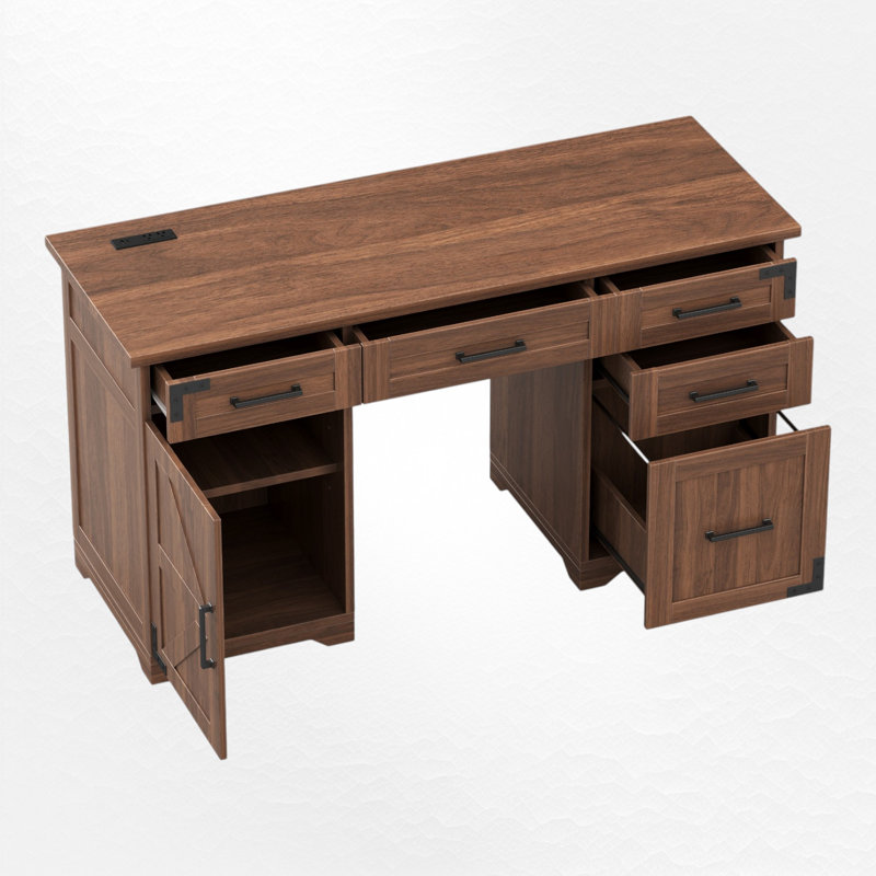 Bureau de direction Farmhouse avec station de charge, tiroir classeur, 4 tiroirs et armoire de rangement, Brun