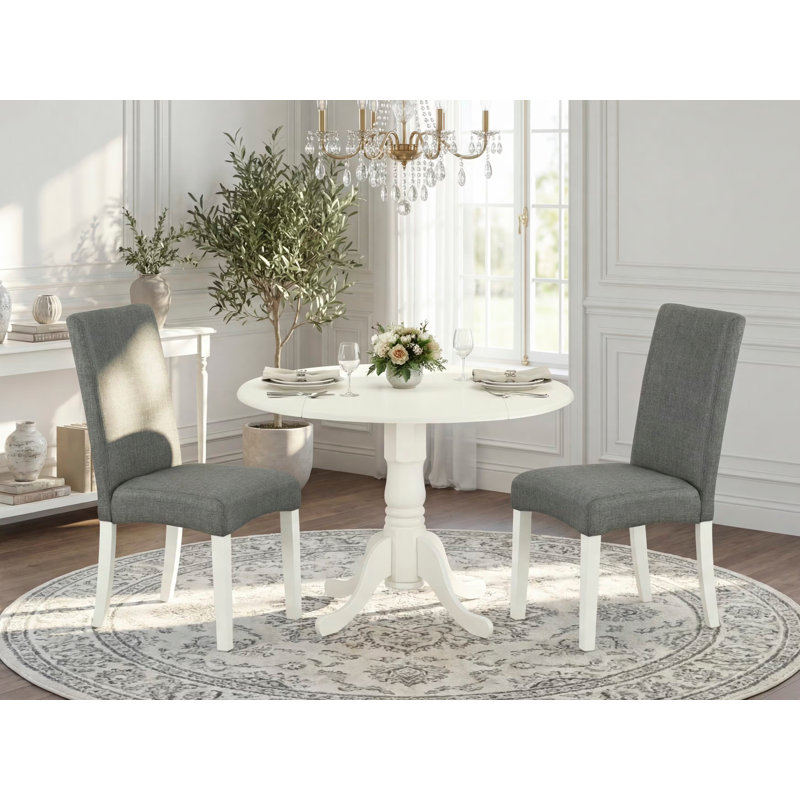 3 Piece Kitchen Table & Chairs Set Contains a Round Dining Room Table with Dropleaf and 2 Gray Linen Fabric Parsons Dining Chairs, Linen White