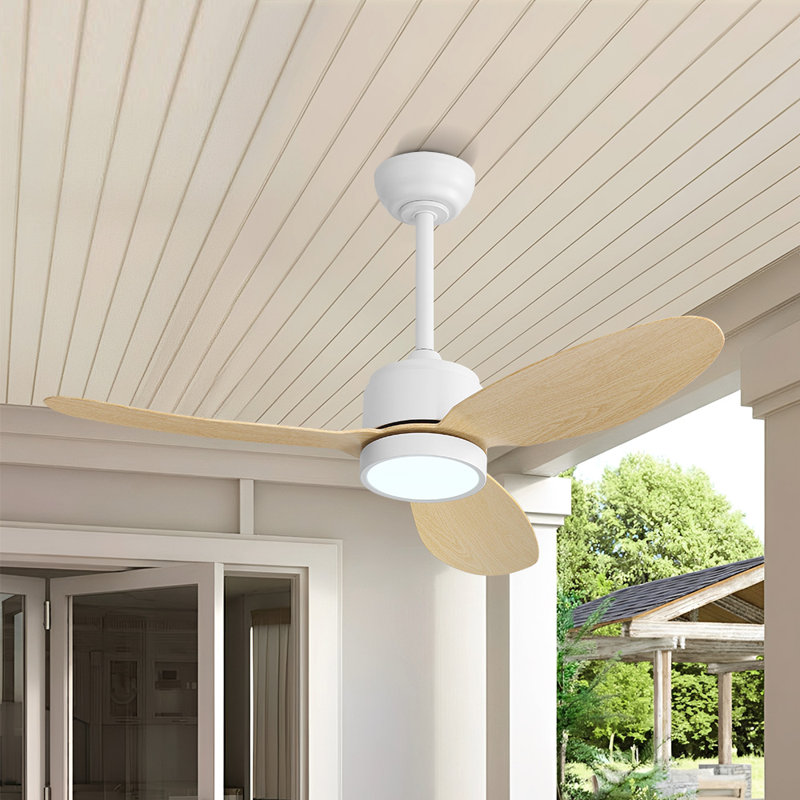 42inch 3 ABS Blades Indoor and Outdoor Ceiling Fan with Integrated LED and Remote Downrod,White and Natural Wood Grain, White