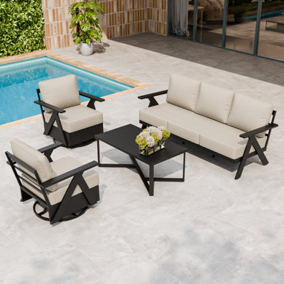 Aluminum 4 Piece Patio Chair Set, 5- Person Outdoor Seating Group -Patio Swivel Club Chairs, Couch and Tables