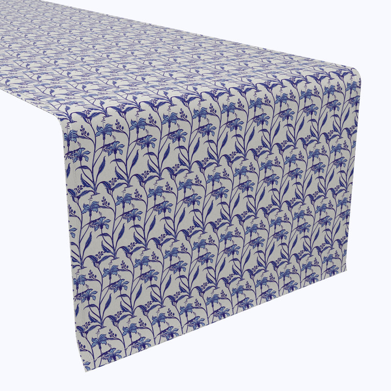 Table Runner, 100% Cotton, 16X108", Lilies In Blue Hues, 90" L x 16" W