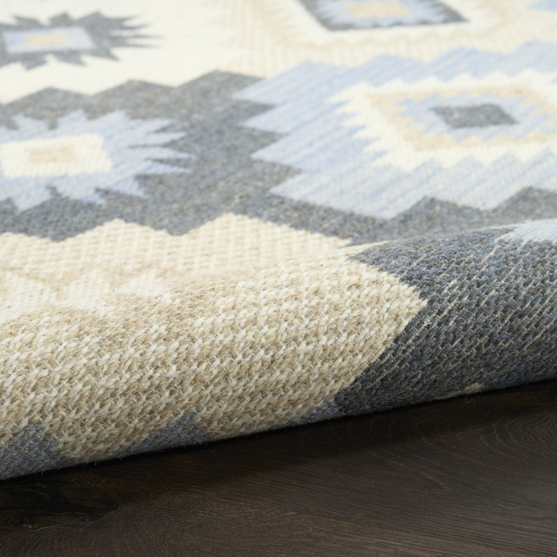 Tapis d'intérieur moderne en laine tissé à plat bleu ivoire Marther, Rectangle 5 pi x 7 pi