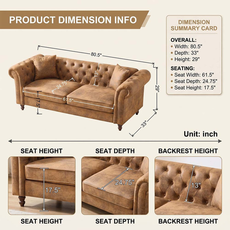 80" Chesterfield Button Tufted Mid-Century Modern 3 Seater Sofa, High-Tech Fabric Rolled Arm Couch(Brown)