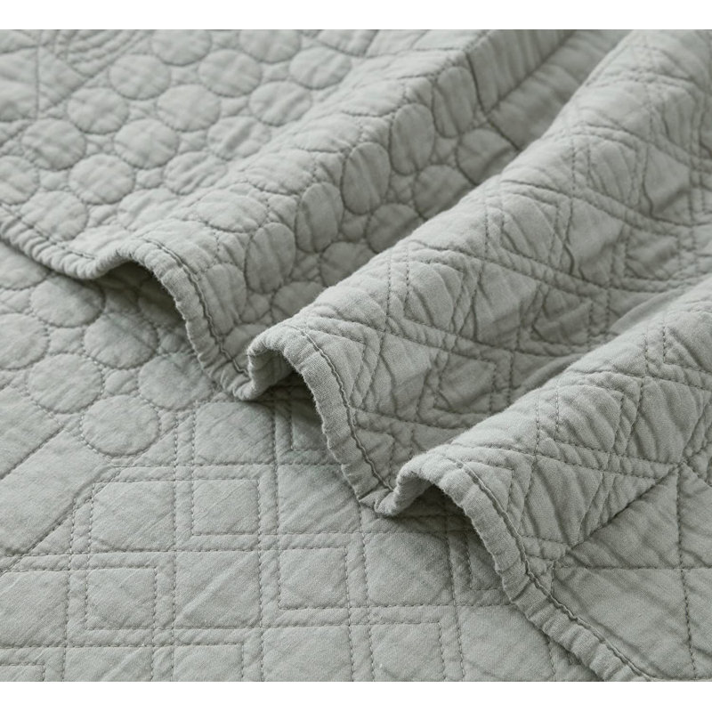 Motley Pre-Washed Cotton Classic Geometric Embroidered Quilt Set, King Quilt + 2 King Shams, Gray