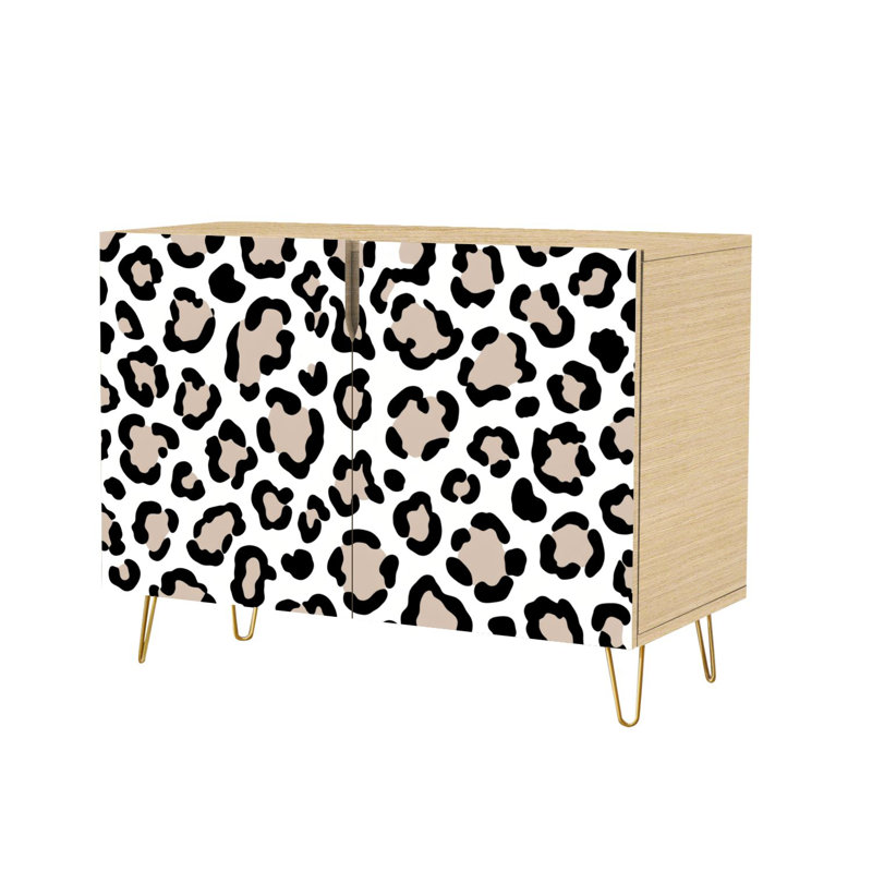 Buffet étroit de 35,4 po de largeur - armoire de rangement d'appoint à 2 portes avec imprimé de guépards et cœurs avec imprimé léopard blanc et pieds en métal