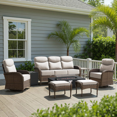 7-Piece Outdoor Wicker Courtyard Fire Pit Conversation Set With Sofa, Swivel Chairs And Ottomans
