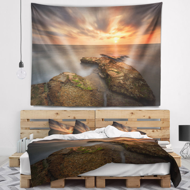 Seascape coucher de soleil à l’atlantique coast tapisserie espagne, H 78 po x l 92 po