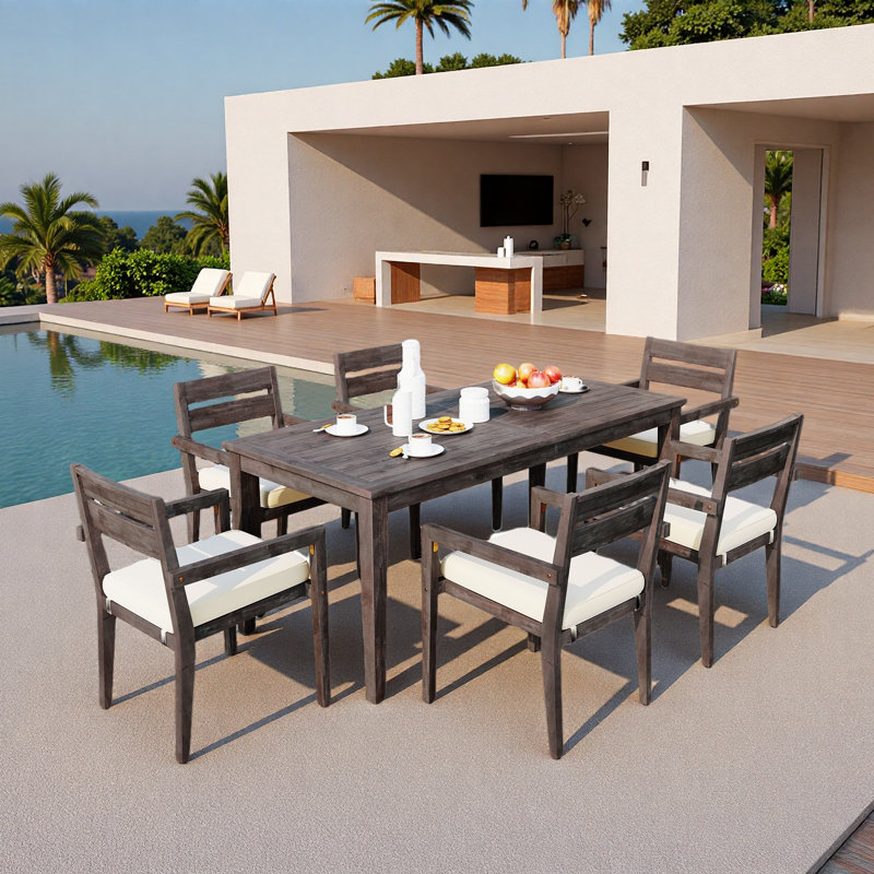 7 Pieces Outdoor Dining Set Included 1 Large Table And 6 Stackable Chairs  With Cushions And Waterproof Feature, Gray