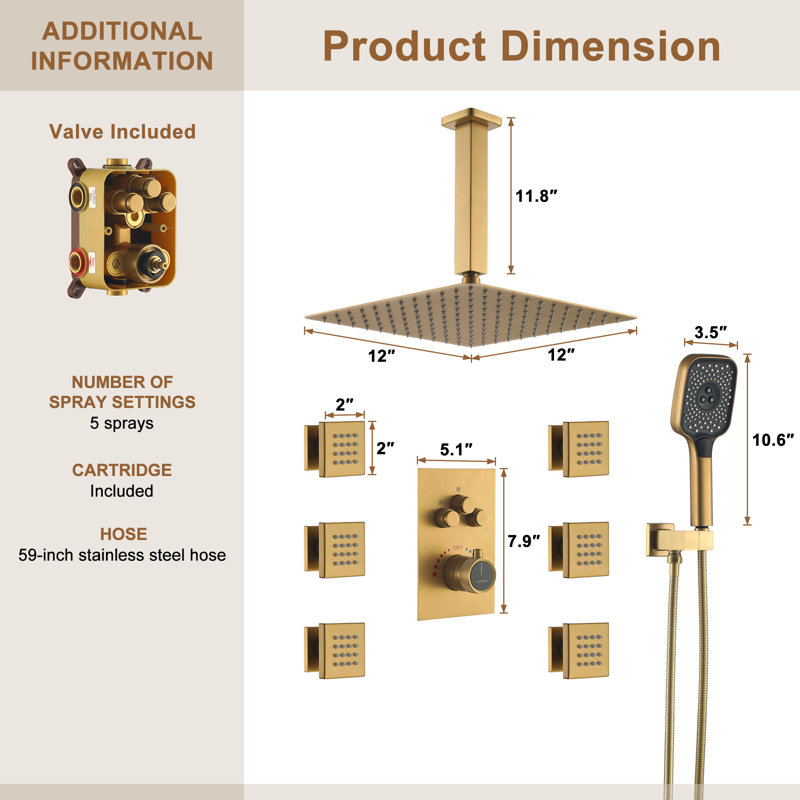Revitalize 3-Function 12 Inch Ceiling Mount Rainfall Thermostatic Shower System with 6 Body Jets, Brushed Gold