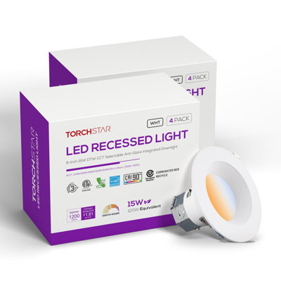 Luminaire encastré à DEL Core de 6 po à intensité variable (blanc chaud/blanc chaud), diffuseur profond anti-éblouissement, température de couleur réglable de 2 700 K à 5 000 K, 1 200 lm, 15 W, IRC 90+, étanche à l'air (norme IC), résistant à l'humidité, certifié ETL, blanc