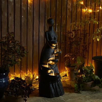 Outdoor Fountains with LED Lights - 39.75"H Modern Abstract 5-Tiered Female Figure Resin Water Feature for Garden & Patio
