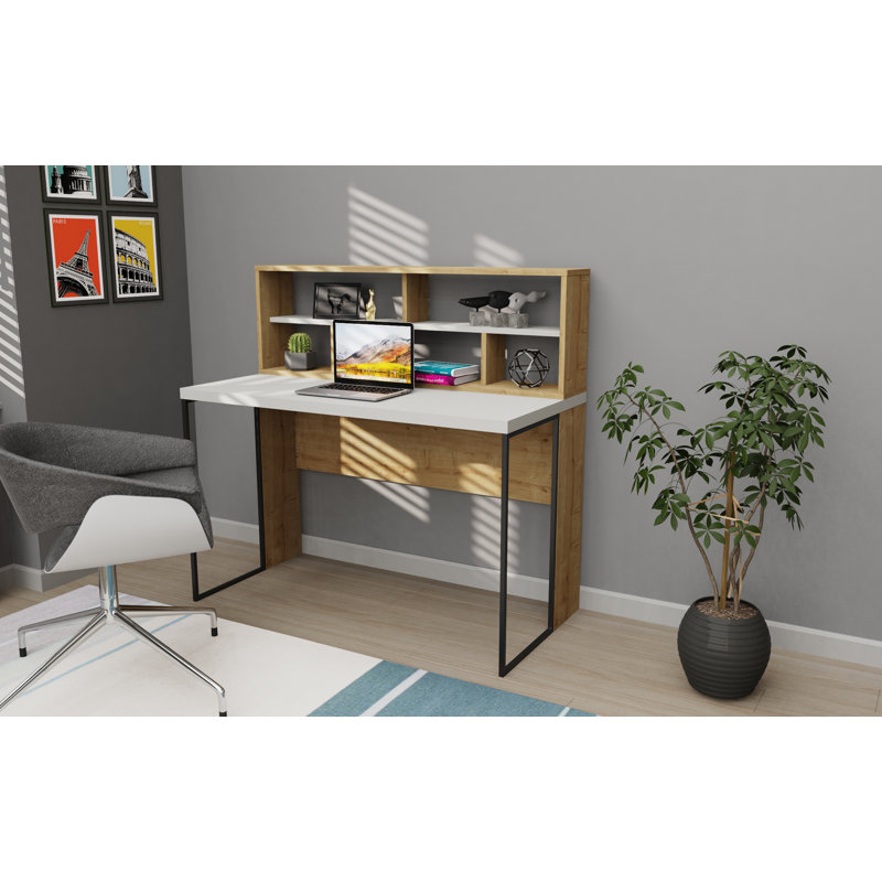 Traudel Writing Desk With Wall Shelf, Oak/White
