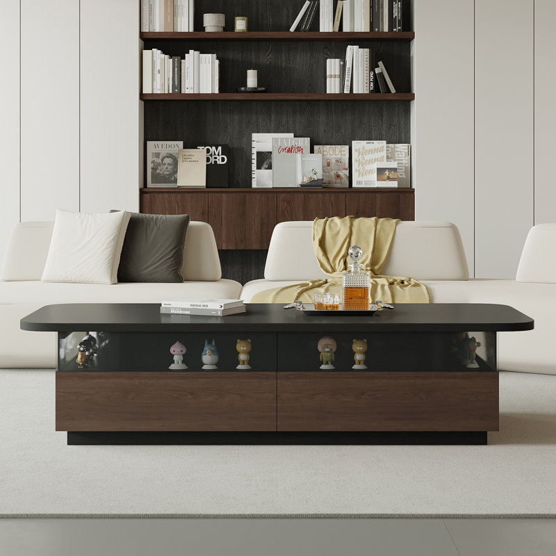 Modern Coffee Table With LED Lighting, Movable Tray, Glass Display & Storage Drawers