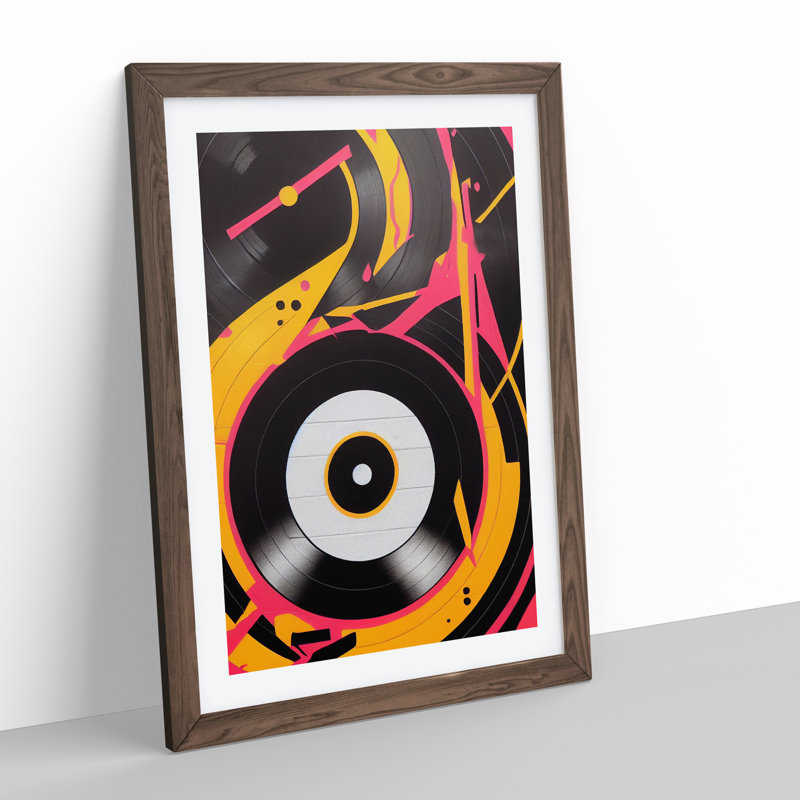 XV1022-5039X Vinyl Record Player Abstract - Wall Art, 64cm H x 46cm W x 2cm D, Walnut Framed Paper, White