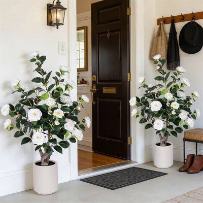 39" Artificial Camellia Tree With White Planter, 2 Pack Faux Plants For Indoor Outdoor Home Office Housewarming Gift