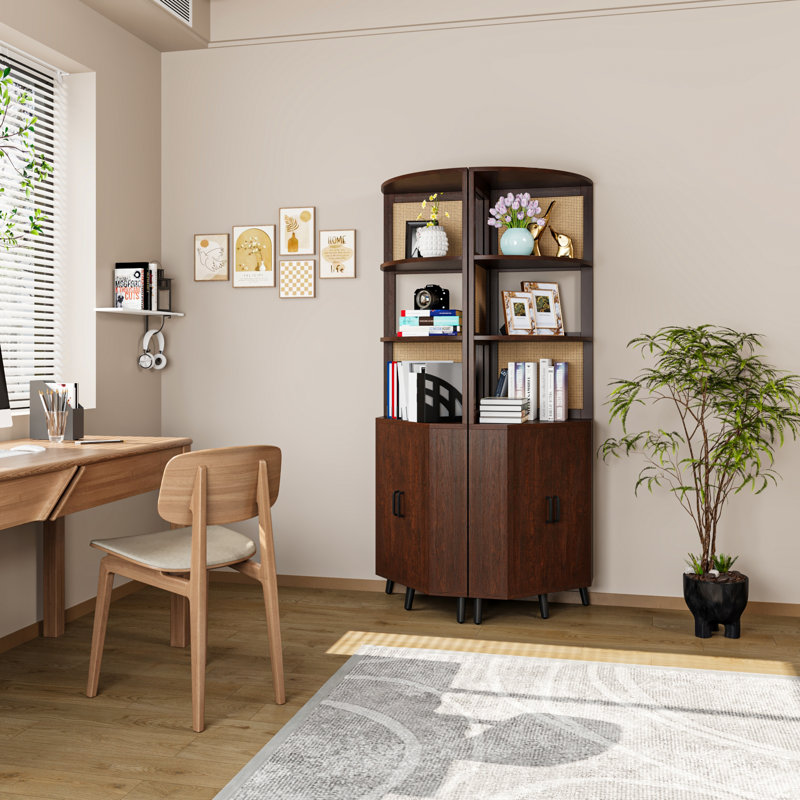 69.7’’H X 17.7’’ W Rattan And Wood Fan-Shaped Storage Bookcase With Doors, 3-Tier Corner Shelf With Cabinet, Dark Walnut