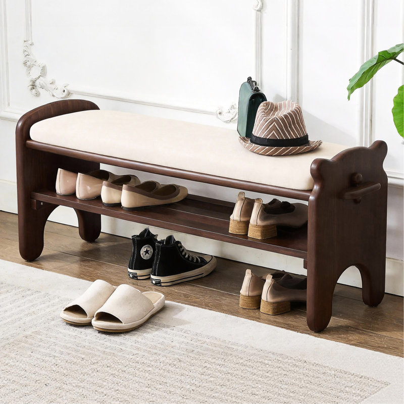 Banc de hall d'entrée moderne avec cadre en bois et tablette de rangement inférieure pour chaussures