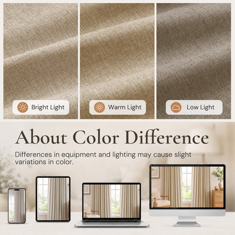 Cadnite 50" W Thermal 100% Blackout Linen Textured Curtain  2 Panels Set, Oatmeal, 50" W x 120" L