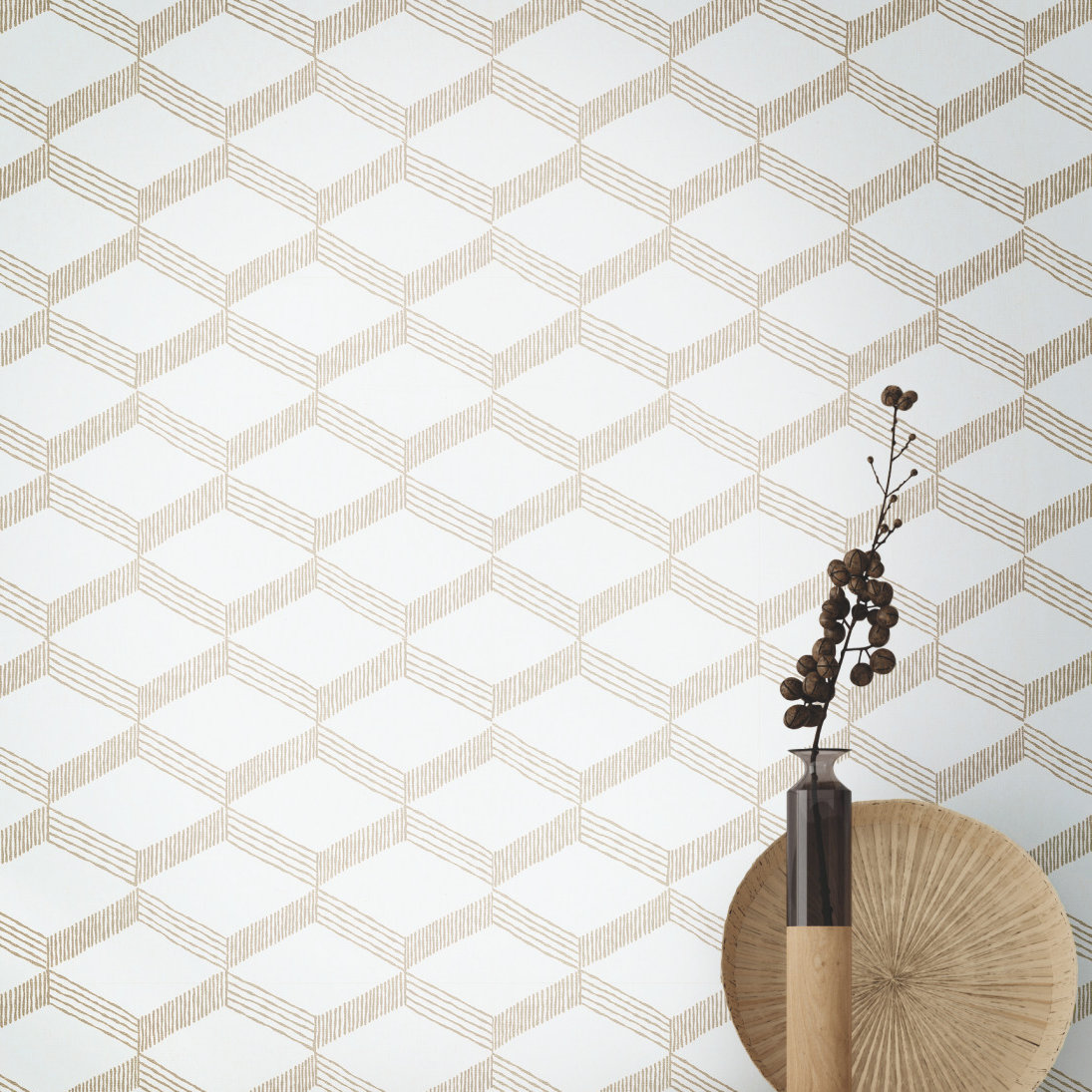 Aislin Mid-Century Geometric Wallpaper, Beige/White