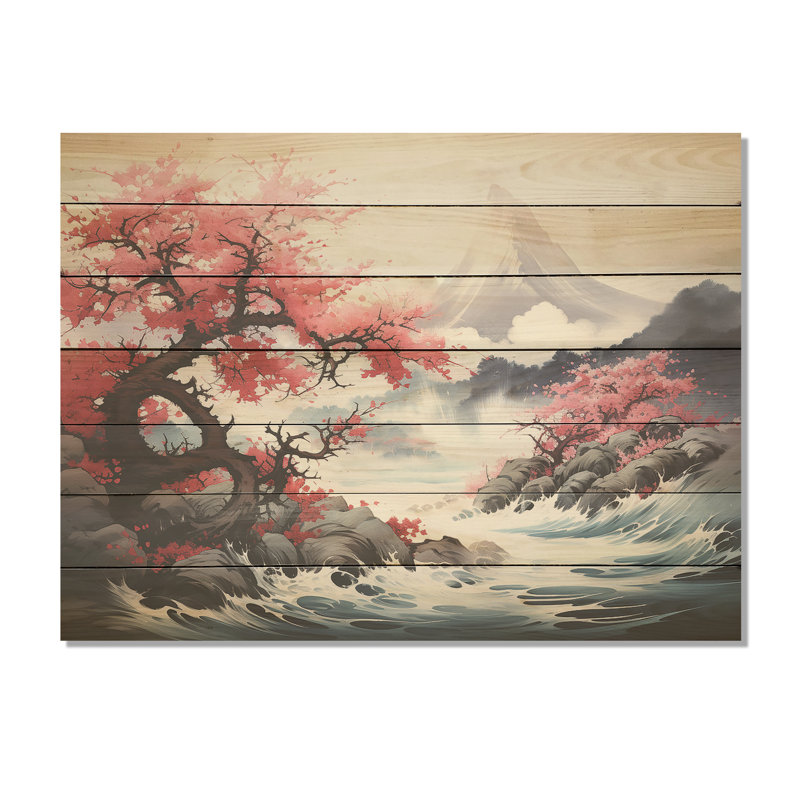 Fleurs de cerisier roses du printemps au Japon rose - Japon sur bois, H 10 po x l 20 po