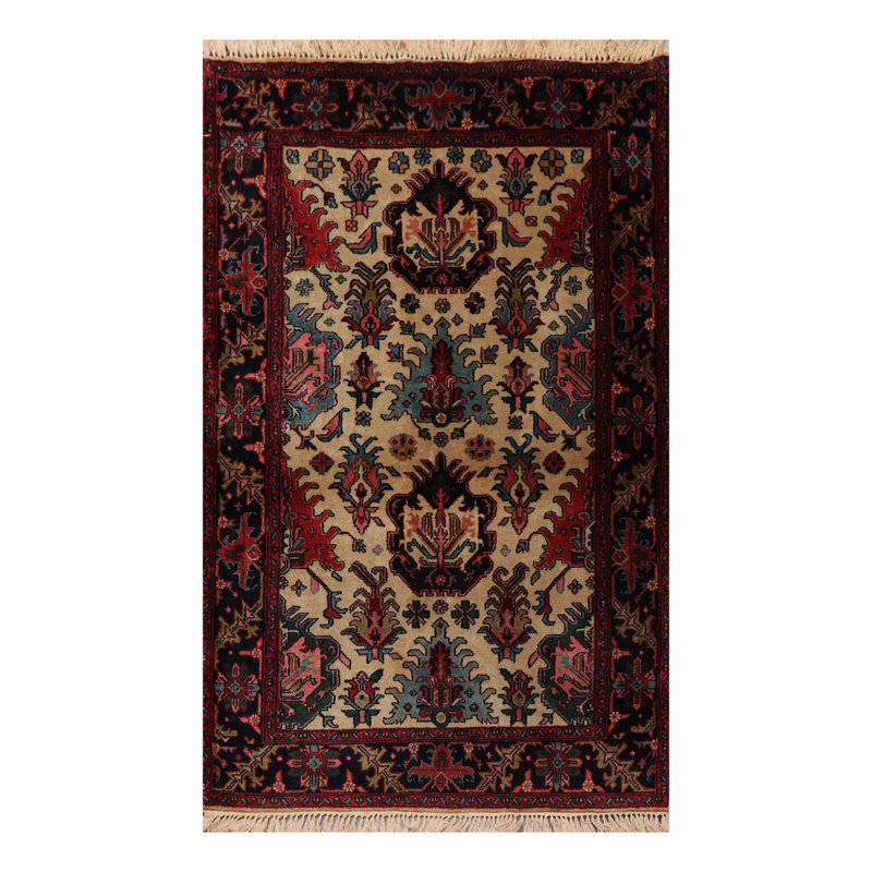 Tapis beige / rouge en laine noué à la main de conception unique 4 pi x 6 pi Jarol