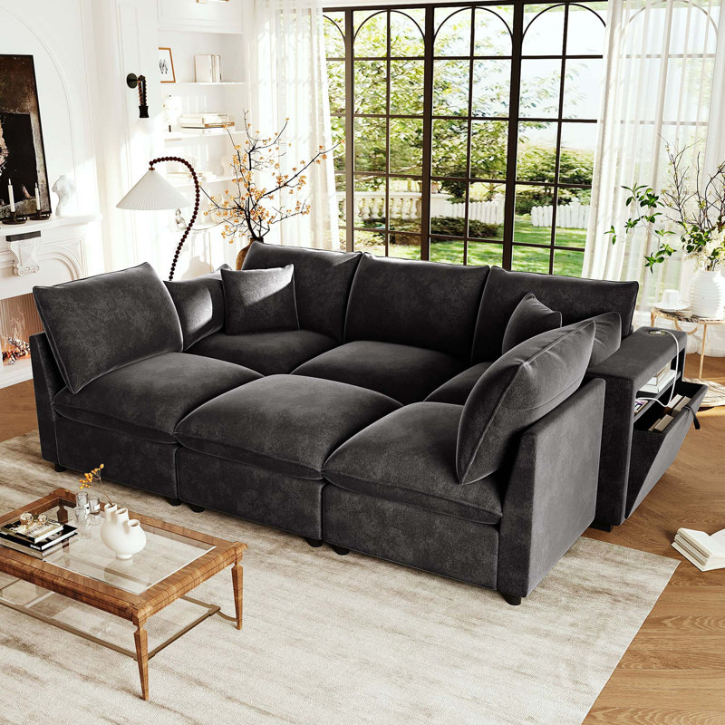 Modern Modular Sectional Sofa with Storage and USB Ports, Black