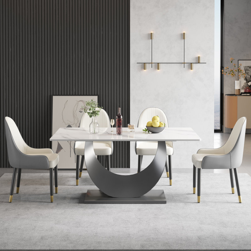 7 - Piece 63 L x 35.43 W Pedestal Dining Set, White, Ligh Gray/White
