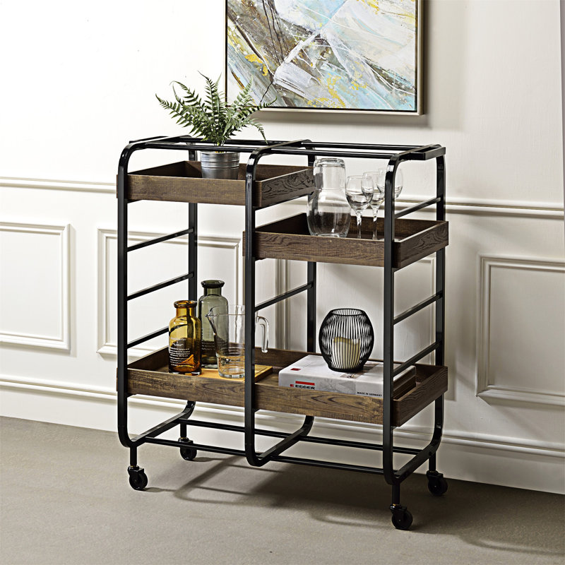Serving Cart With 3 Adjustable Trays,island,coffee cart, Black/Brown
