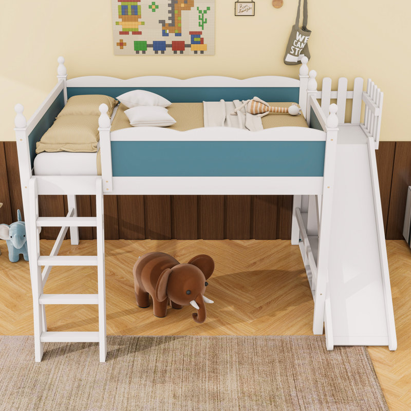 Wood Loft Bed With Storage Shelves And Slide, Full, Blue/White
