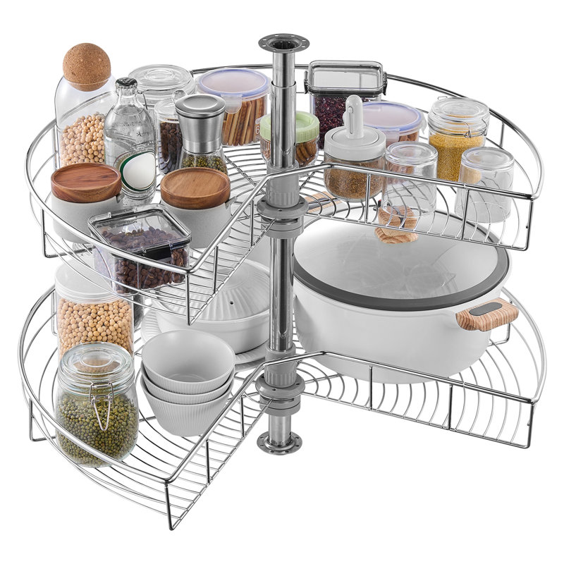 2 Tier Kidney Shaped Chrome Corner Organizer Lazy Susan Cabinet Blind Corner, 29.13" H x 27.95" W x 24.02" D
