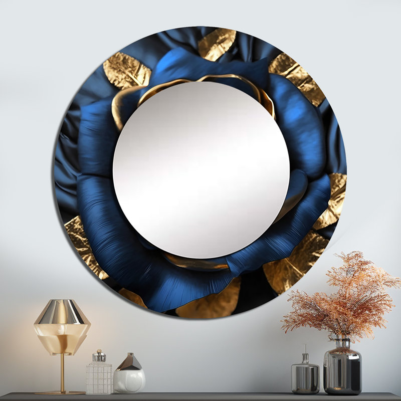 Gilded Rose In Kings Blue I - miroir rose, miroir mural rond traditionnel, impression sur métal, 36 po x 36 po