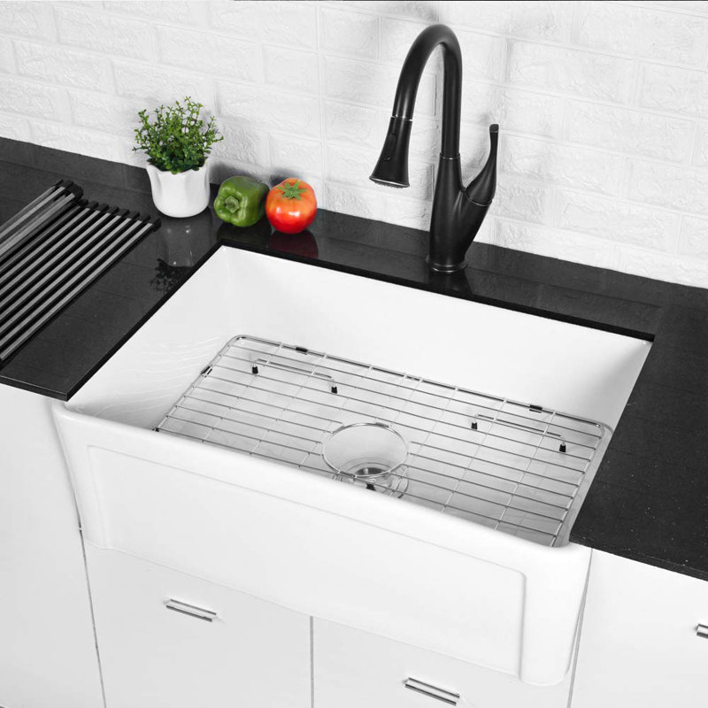 Farmhouse Kitchen Sink with Sink Grid and Drain Assembly, 10" H x 30" W x 20" D