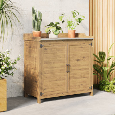 Banc de rempotage en bois avec armoire de rangement et plateau en métal pour la cour, le jardin