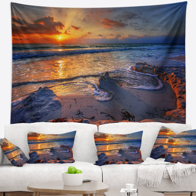 Magnifique shore de mer avec tapisserie de soleil, H 32 po x l 39 po