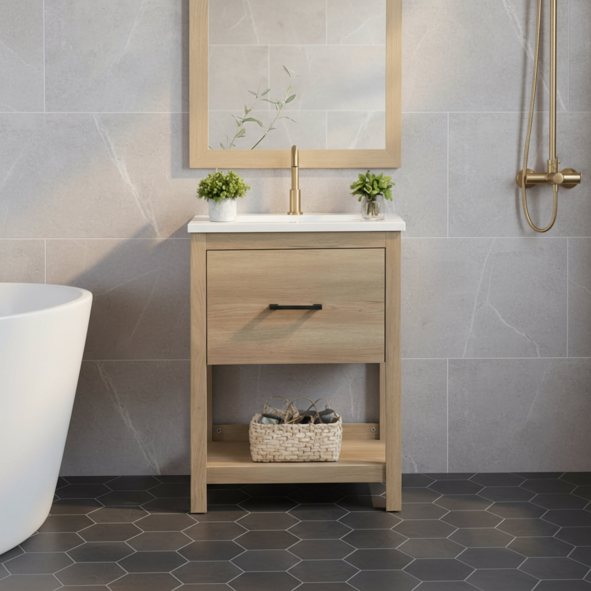 Ebern Designs This Small White Bathroom Vanity With Sink Features A ...