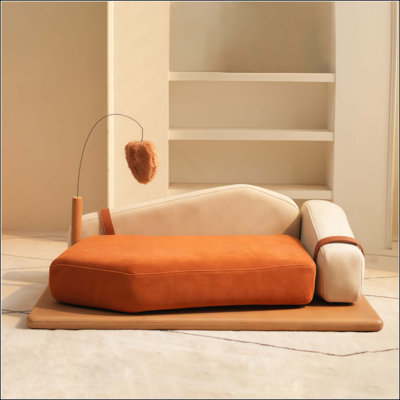 Lit en bois pour animaux de compagnie pour placage de chats et de chiens, structure en bois multi-couches, tissu résistant aux égratignures, mousse haute résilience, jouet suspendu