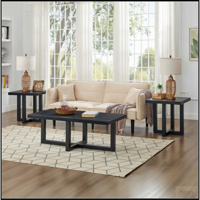 Luno 3-Piece Coffee Table Set, Coffee Table and Two End Tables, Black
