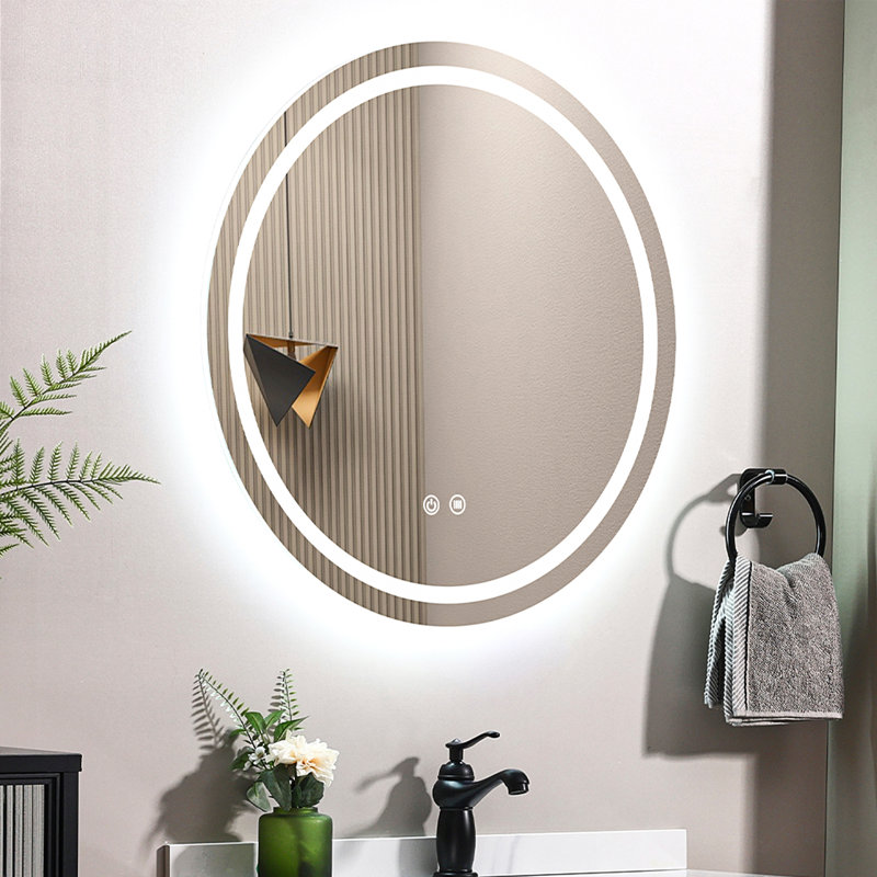 Miroir de salle de bain/coiffeuse rond sans cadre Chrisna avec éclairage DEL, luminosité réglable et traitement antibuée