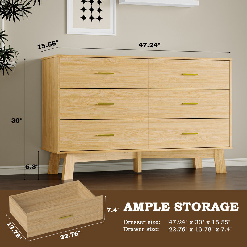 6 -Drawer Double Dresser 47.24''W, Chest Of Drawers With Adjustable Base For Bedroom, Living Room, Natural