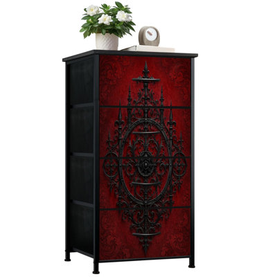 4 Drawer Vertical Storage Dresser Vintage Ornamental Black Ironwork Red Baroque with Wood Top Fabric Pull Drawers