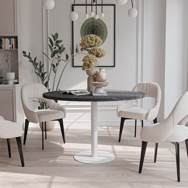 Extendable Round Dining Table, Grigia Pietra, Black
