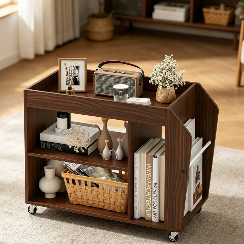 3-Tier Walnut Rolling Side Table, 220 lbs Load Capacity Mobile Storage Cart ,Lockable Wheels + Guardrail for Living Room & Bedroom