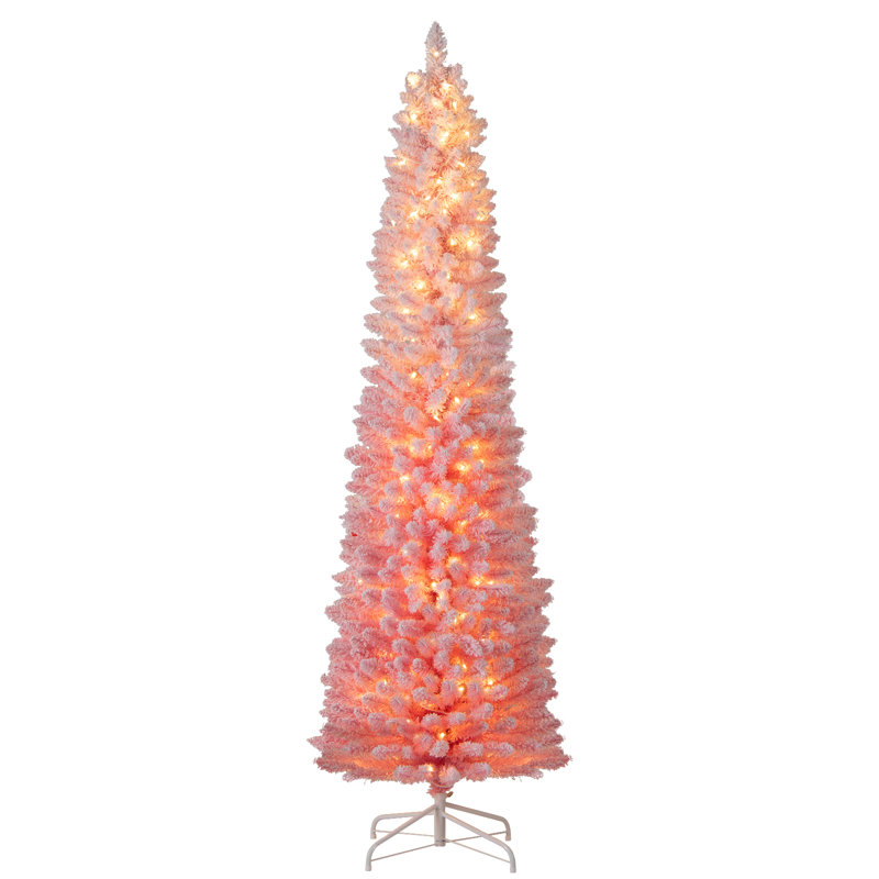 Arbre de Noël artificiel rose enneigé 7 pi avec 180 lumières et 527 branches, H 7 pi