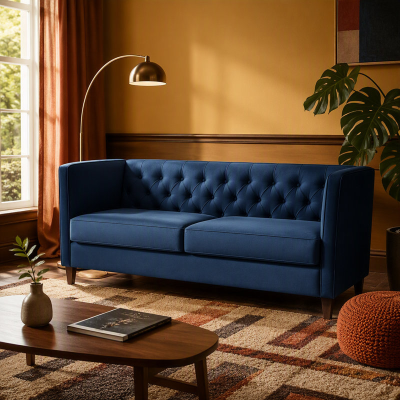Button Tufted Velvet 3-Seater Sofa with Solid Wood Frame