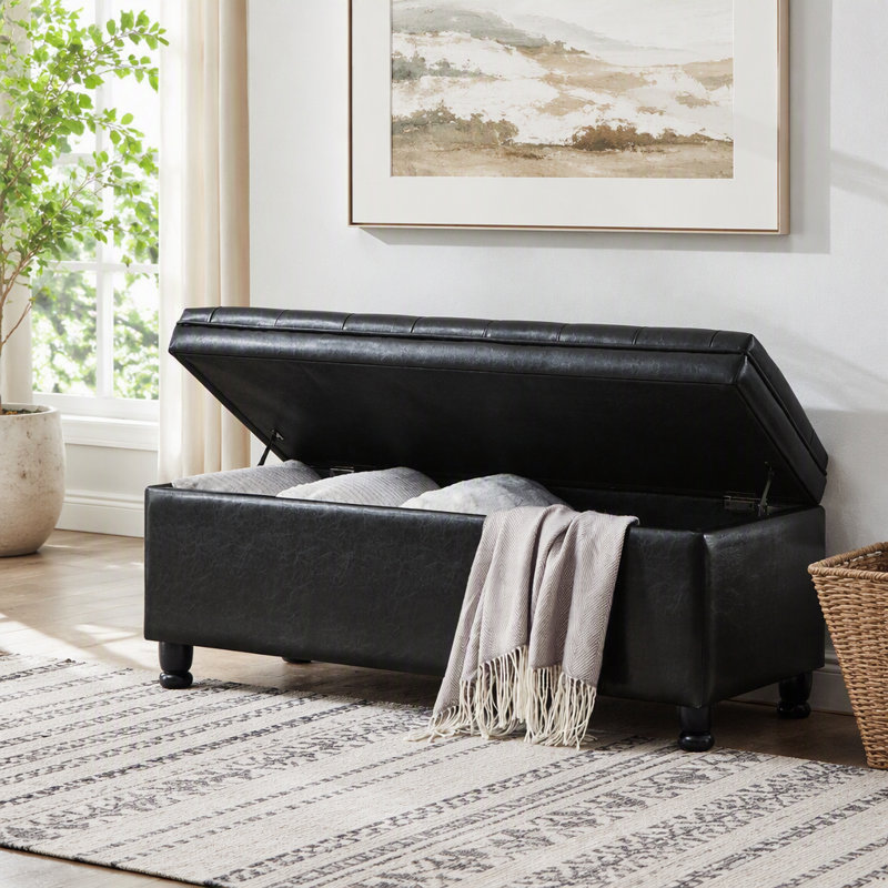 Banc de rangement capitonné avec boutons en similicuir et pieds fuselés, Black+PU