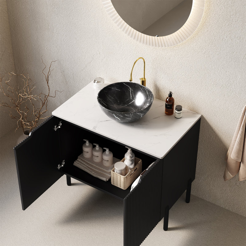 Meuble-lavabo de salle de bain 30 po avec lavabo, meuble de rangement autoportant pour salle de bain avec vasque en céramique à 2 portes avec motif en pierre et comptoir en pierre frittée blanc de Carrare, sans couleur de robinet