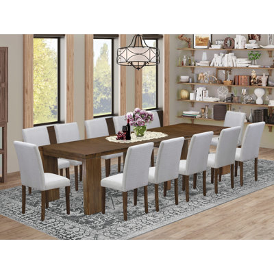 L'ensemble de salle à manger moderne 13 pièces contient une table de petit-déjeuner rectangulaire extensible et 12 chaises de salle à manger, noyer antique