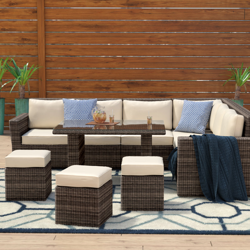 Dengler 9 - Person Modular Patio Conversation Set with Cushions, Brown Frame/Beige Cushion