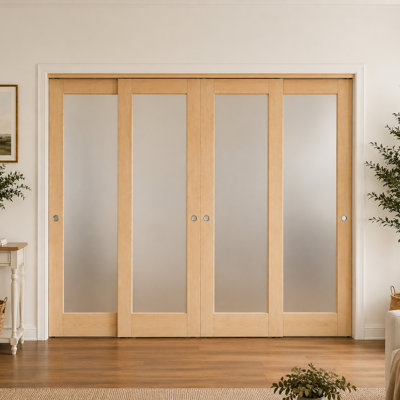 Porte de placard coulissante en bois massif avec porte coulissante double en verre givré avec ensemble de quincaillerie et poignées encastrées