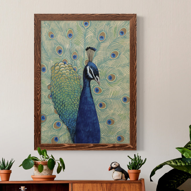 Paon bleu I encadré mat - prêt à accrocher, H 24 po x l 20 po x P 1 po, Toile avec cadre érable, Pas de tapis